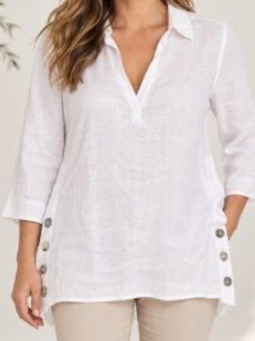 TAHARI 100% Linen Collared V-Neck Popover Tunic 1X White Coastal Top NWT